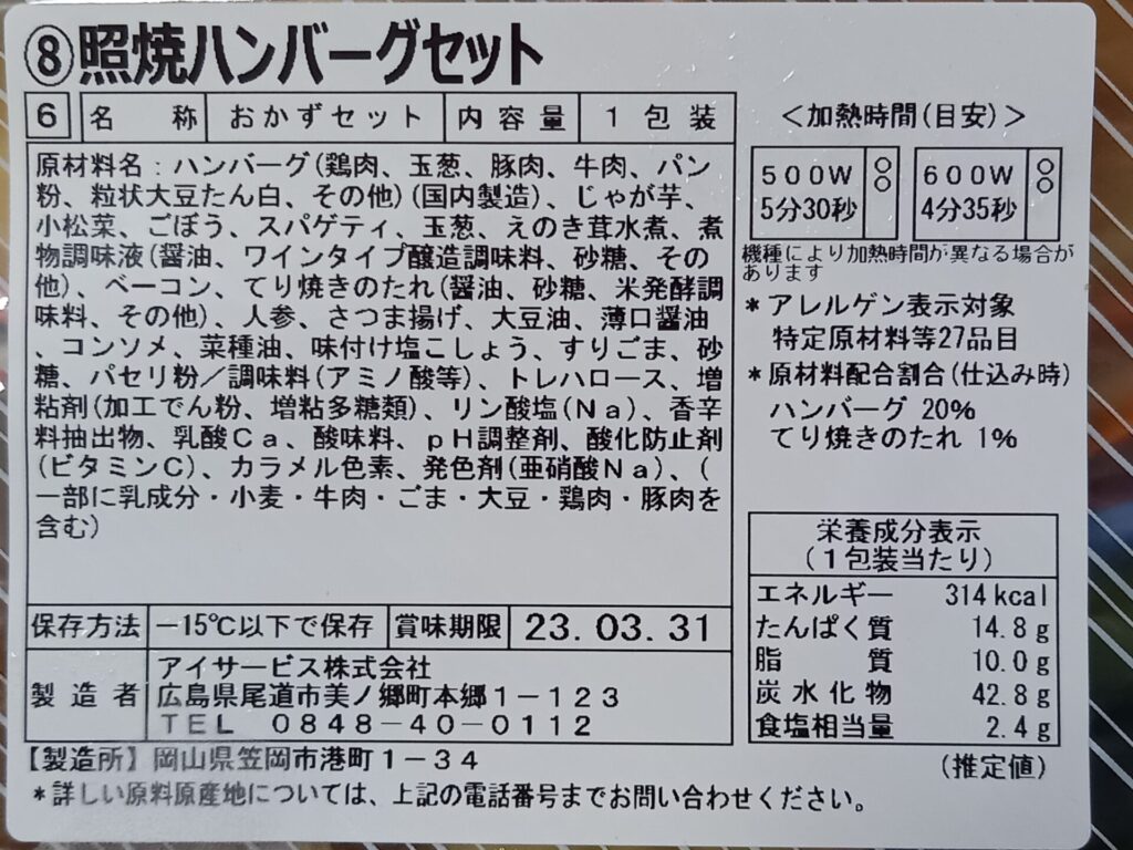 ベルーナグルメ 照焼ハンバーグセット 成分表